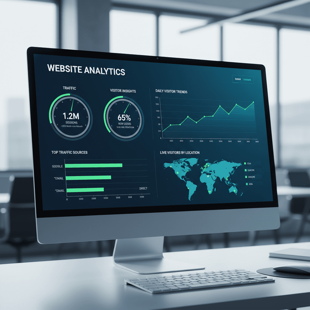 Painel de análise de websites com métricas de tráfego e visitantes