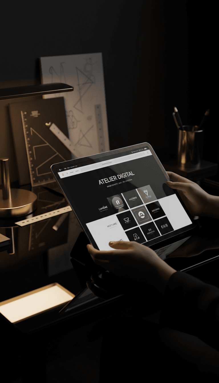Website de designer gráfico em iPad com projetos de identidade visual