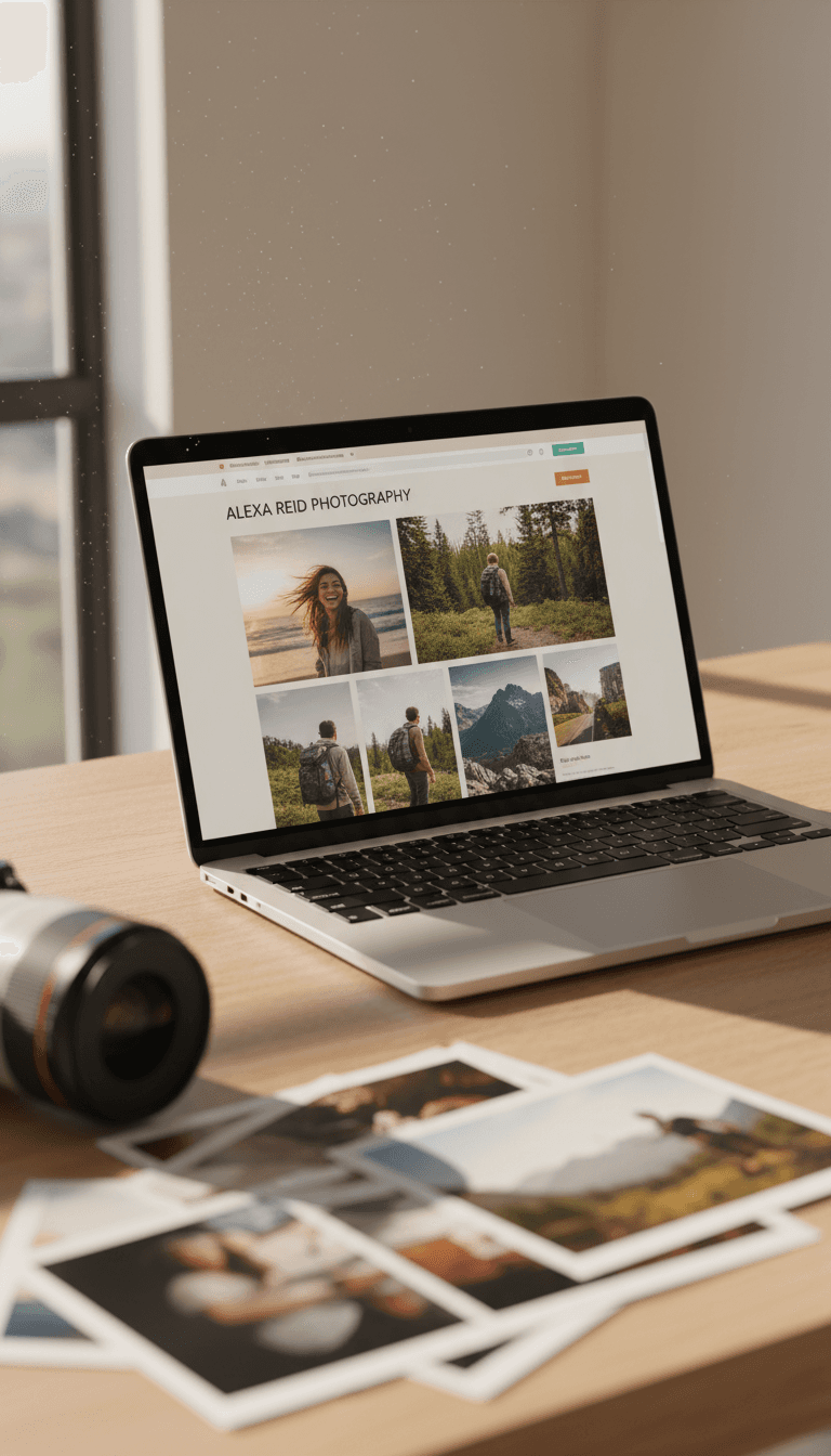 Website de portfólio fotográfico em MacBook com galeria moderna