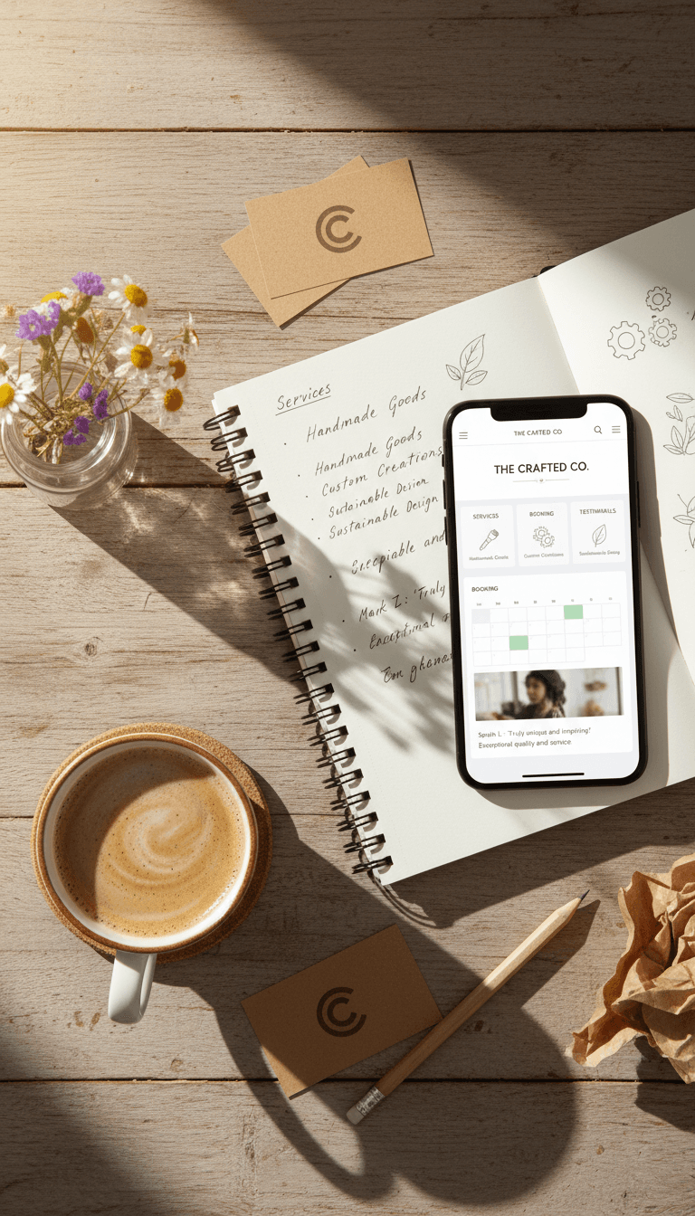 Website de serviços com agendamento em smartphone sobre mesa de madeira