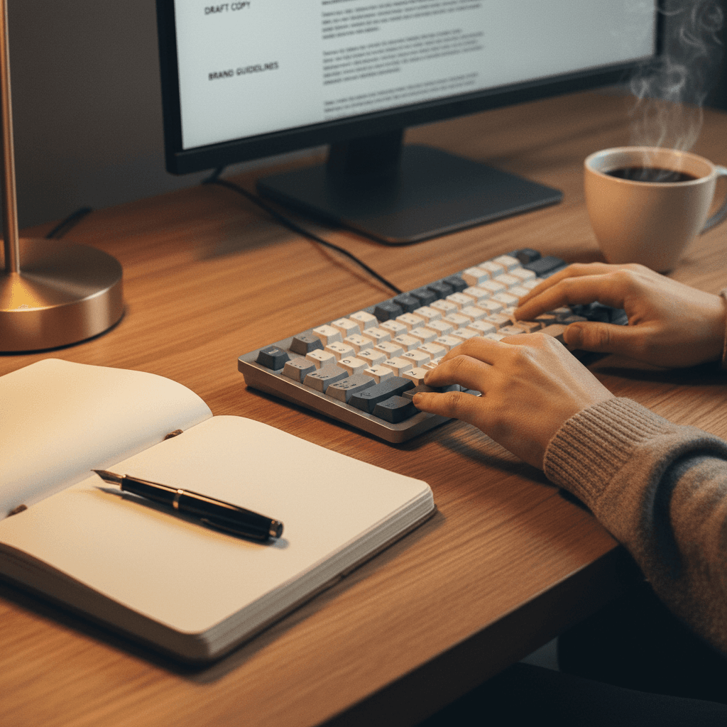 Copywriter's hands typing on keyboard with notebook and coffee at minimalist creative workspace