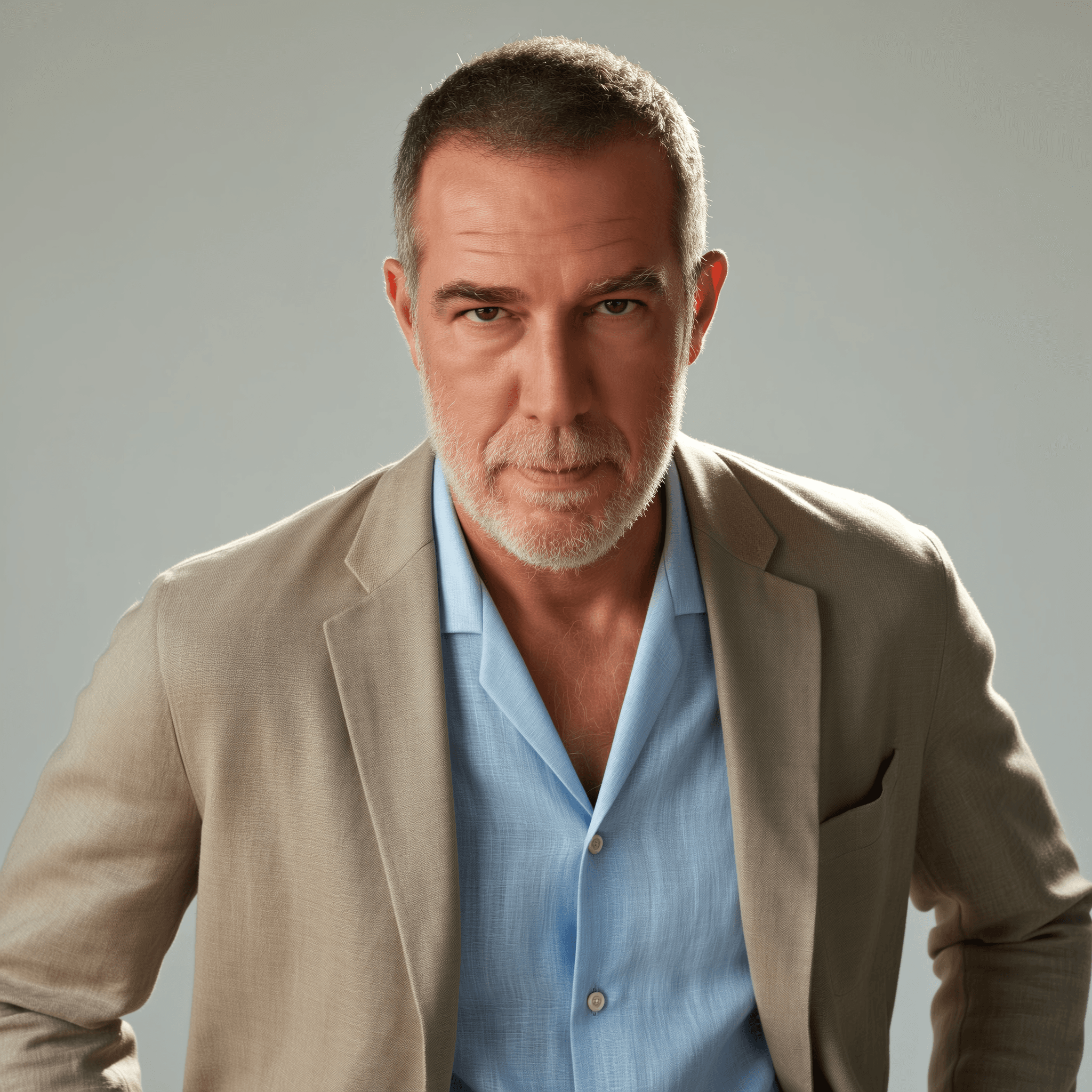 Retrato de homem maduro com olhar intenso, usando blazer bege e camisa azul clara.
