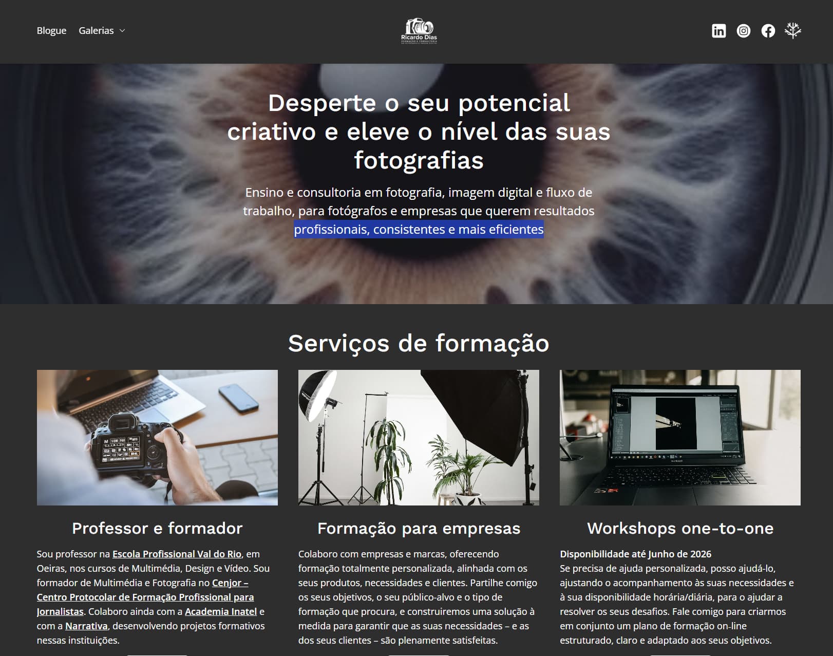 Website de Ricardo Dias com olho em destaque, serviços de formação, consultoria e workshops fotográficos.