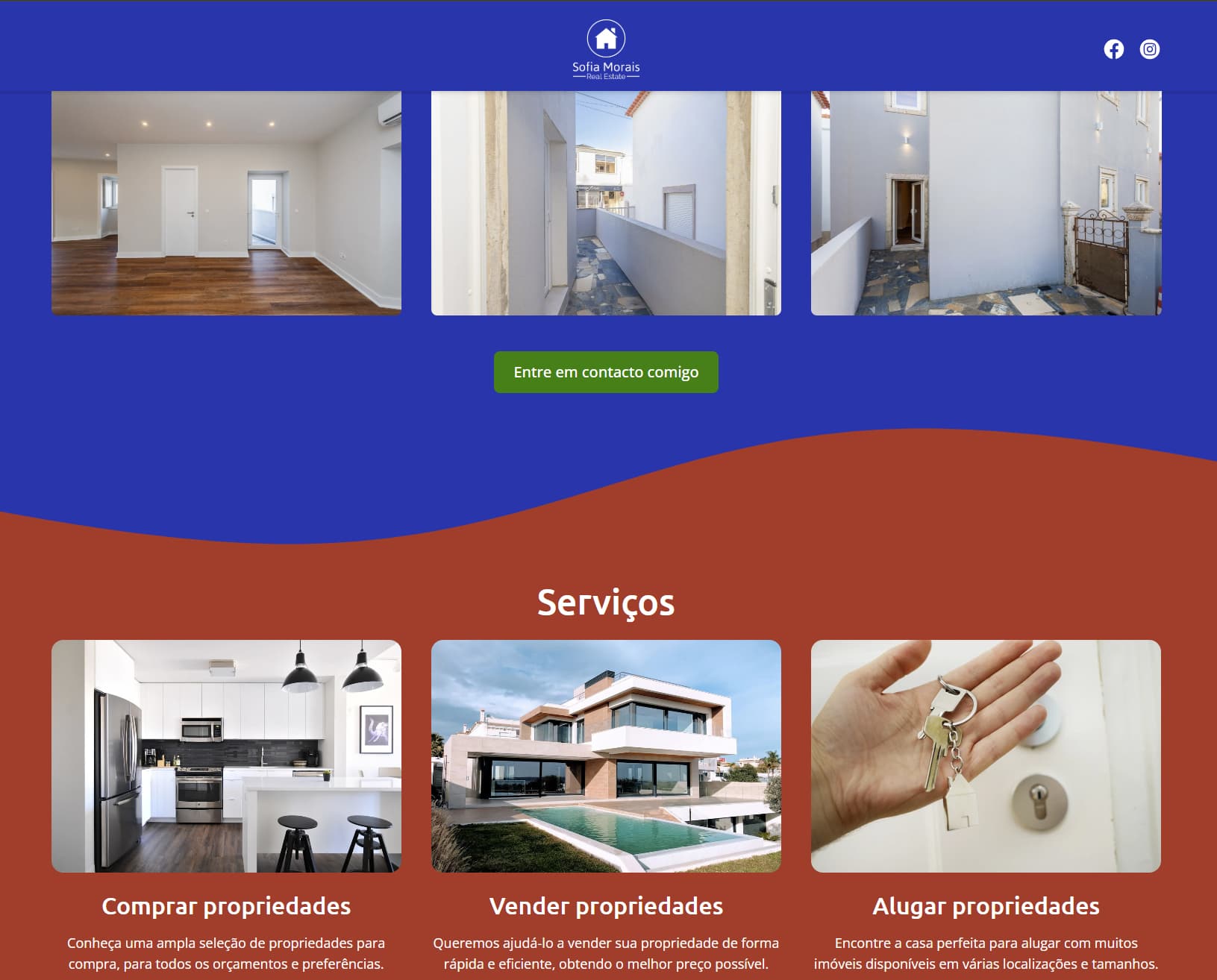 Website imobiliário de Sofia Morais com opções para comprar, vender e alugar propriedades modernas.
