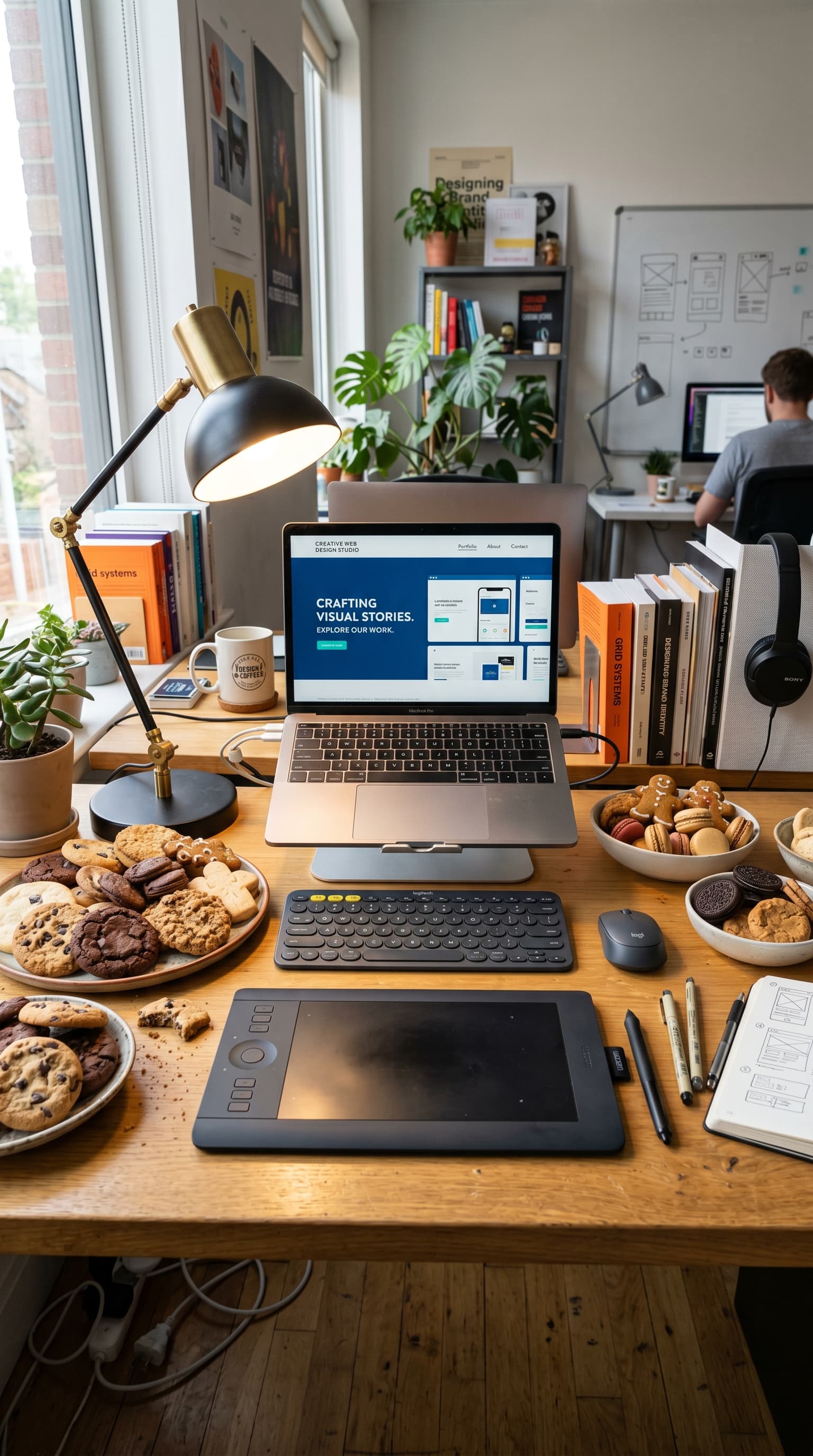 Laptop em suporte, tablet gráfico e vários pratos de biscoitos em uma mesa de madeira.